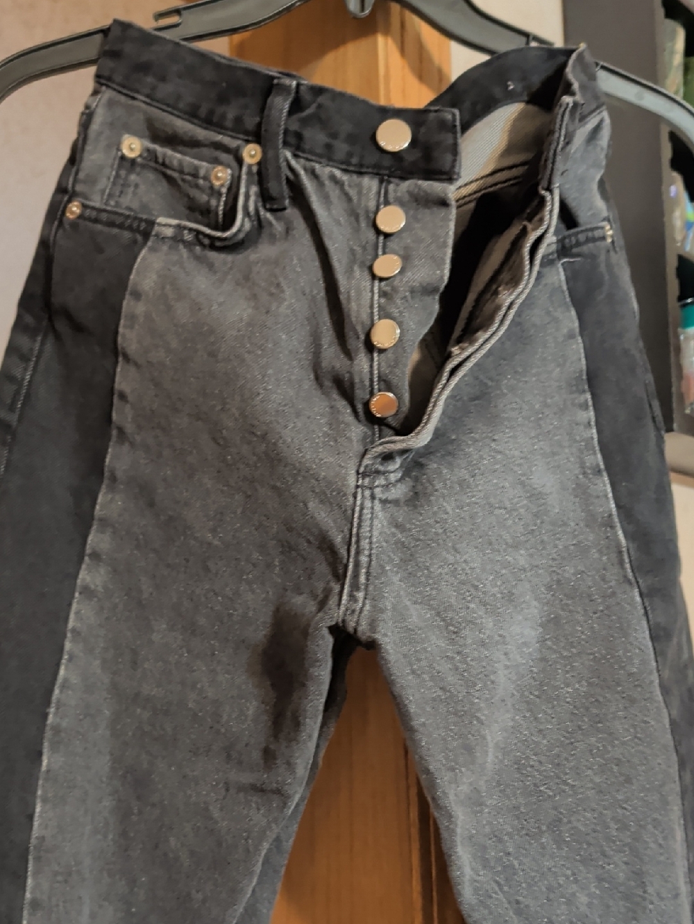 MNG Denim Jeans Womens 2 Black Gray Two Tone Colorblock Raw Hem Button Fly